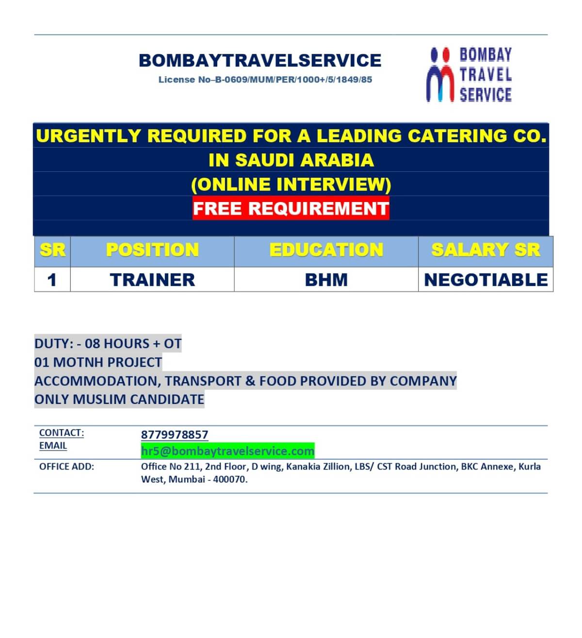 URGENTLY HIIRNG TRAINER FOR CATERING CO. SAUDI ARABIA