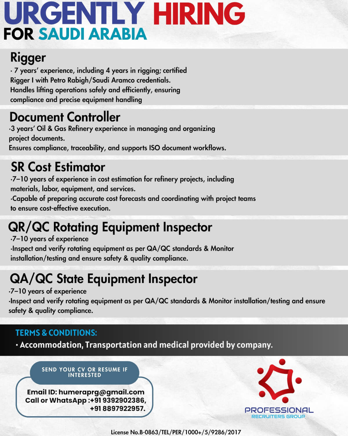 URGENTLY HIRING FOR SAUDI ARABIA URGENTLY HIRING FOR SAUDI ARABIA