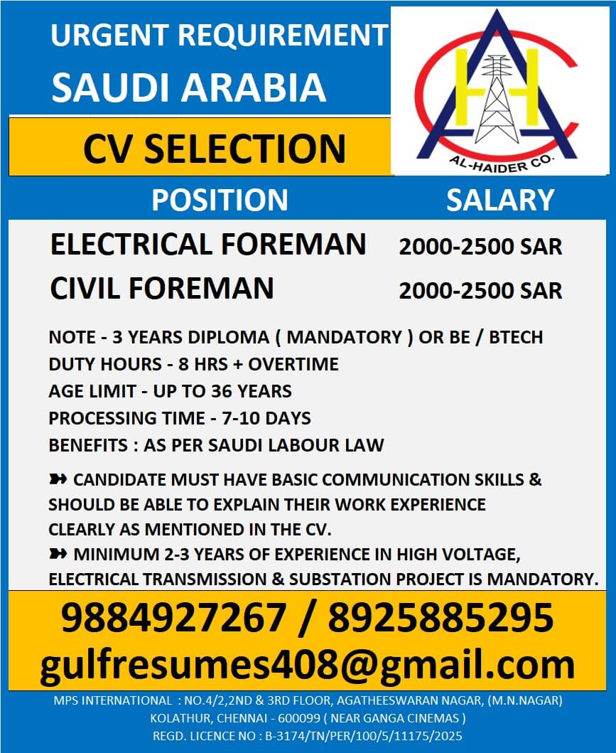 URGENT REQUIREMENT – SAUDI ARABIA CV SELECTION