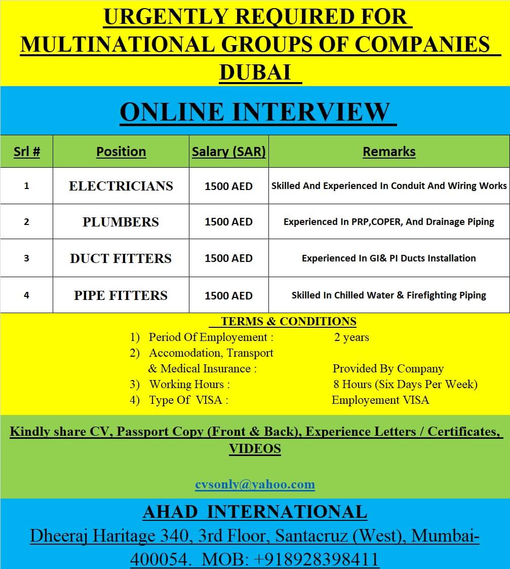 URGENTLY REQUIRED FOR MULTINATIONAL GROUPS OF COMPANIES IN DUBAI