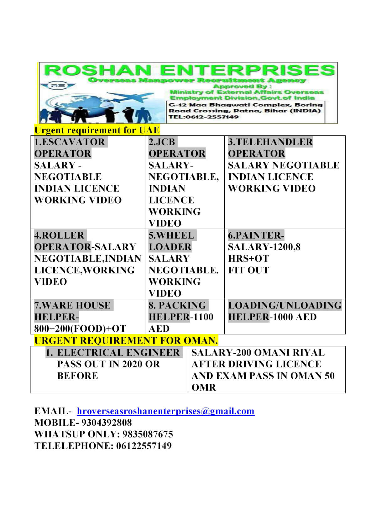 URGENT REQUIREMENT FOR UAE AND OMAN