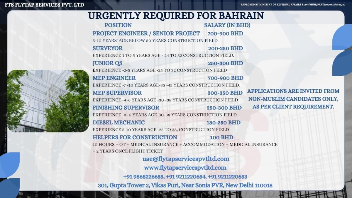 Urgently Required for Bahrain – Construction & Engineering Professionals