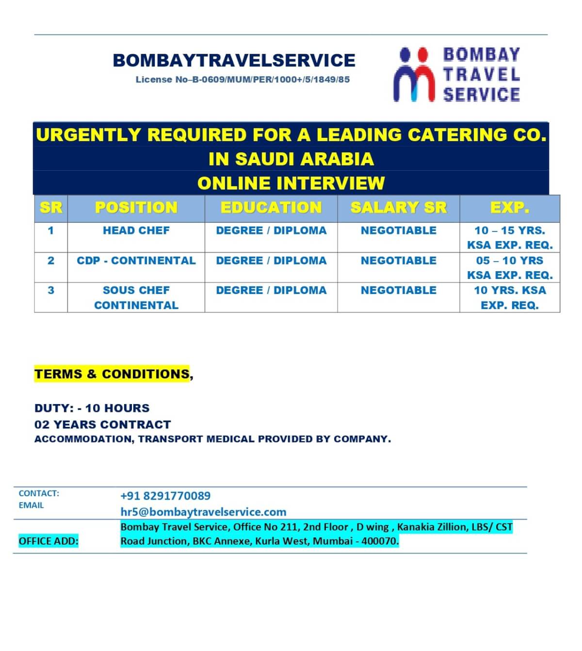 URGENTLY HIRING CATERING CO. SAUDI ARABIA