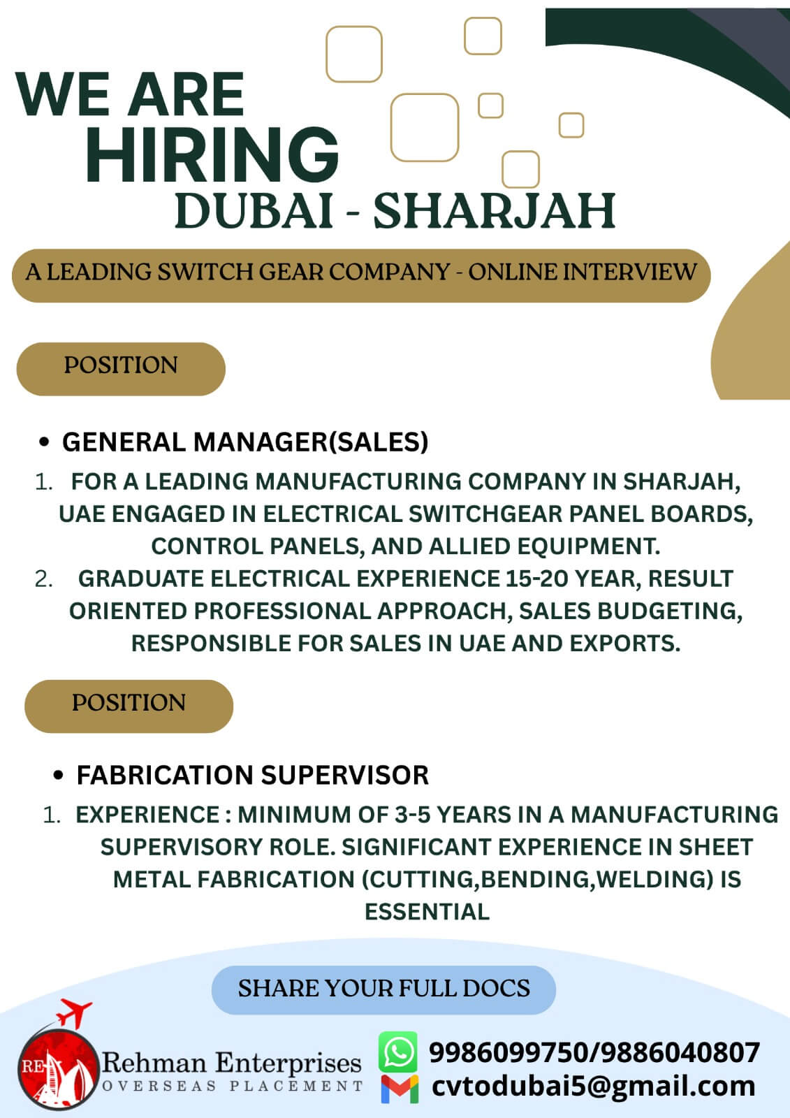 HIRING FOR A LEADING SWITCH GEAR COMPANY IN DUABI-SHARJAH-ONLINE INTERVIEW