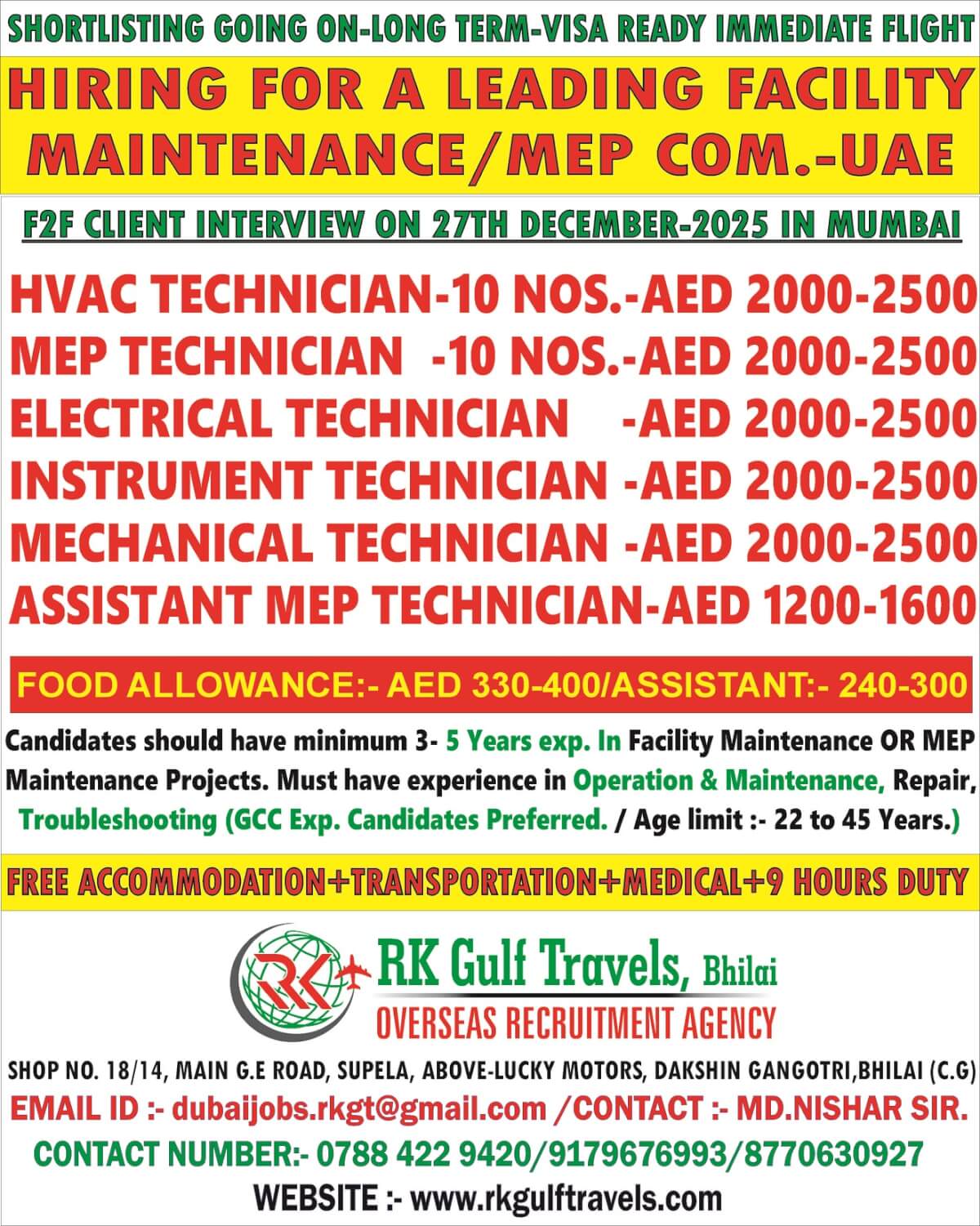 HIRING FOR A LEADING FACILITY MAINTENANCE/MEP CO. - UAE