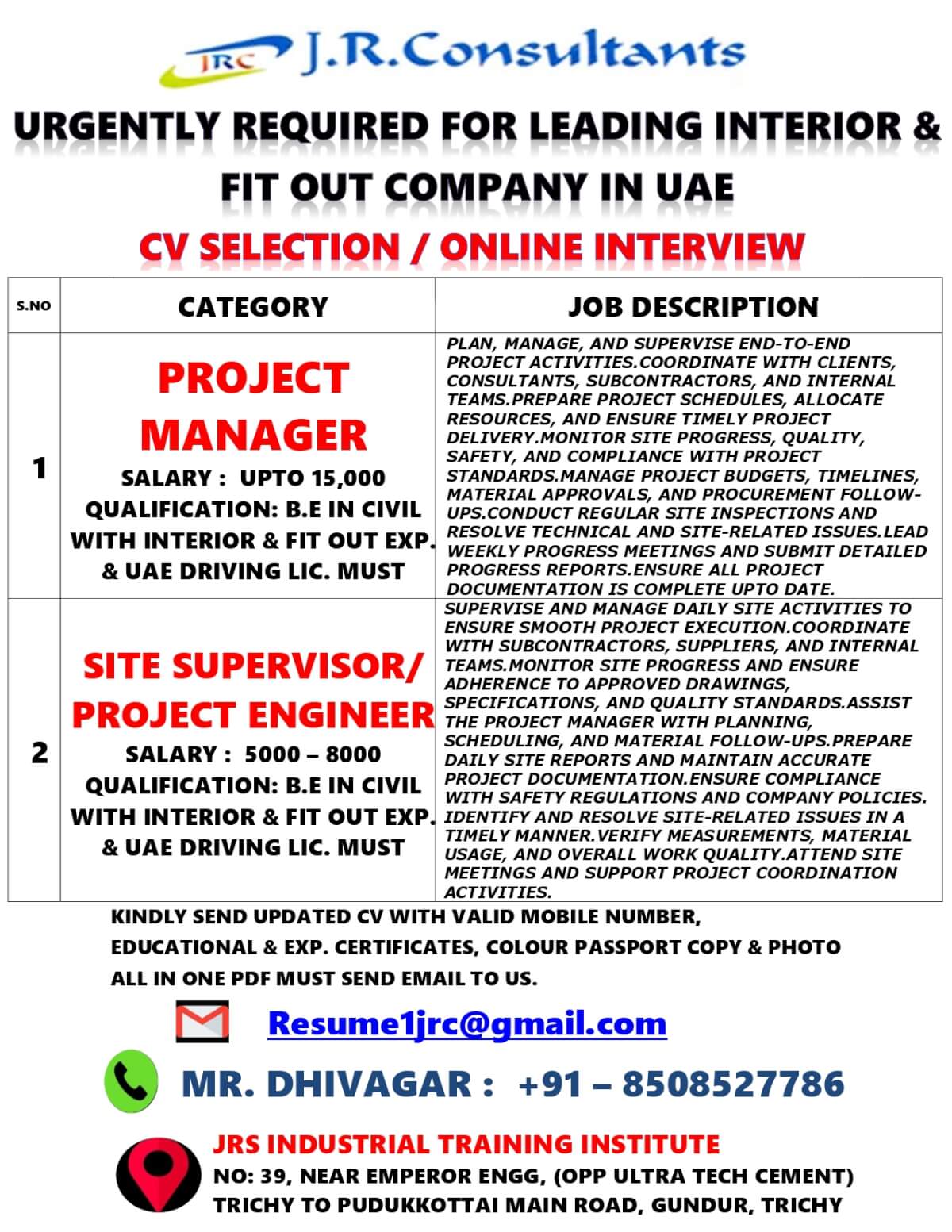 URGENTLY REQUIRED FOR LEADING INTERIOR & FIT OUT COMPANY IN UAE