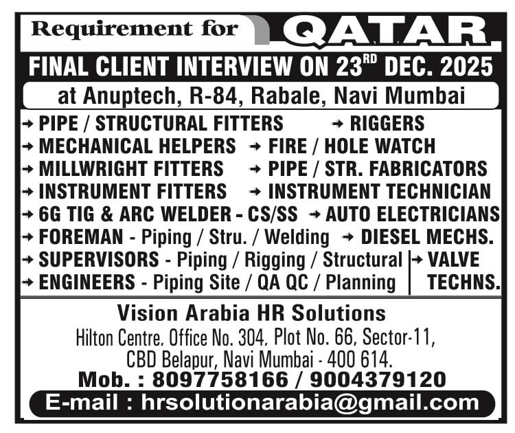 URGENTLY REQUIREMENT FOR QATAR