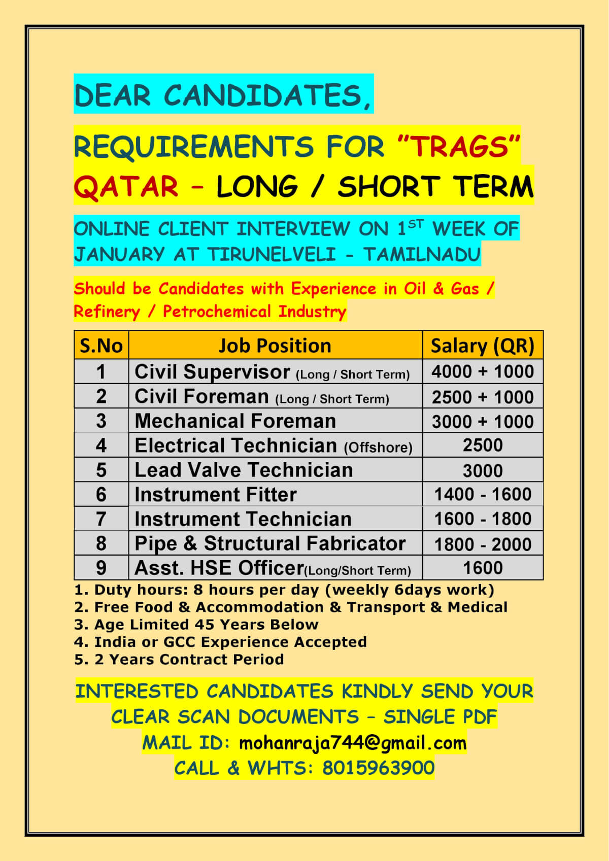 REQUIREMENTS FOR QATAR – LONG / SHORT TERM  ONLINE CLIENT INTERVIEW ON 1ST WEEK OF JANUARY AT TIRUNELVELI - TAMILNADU
