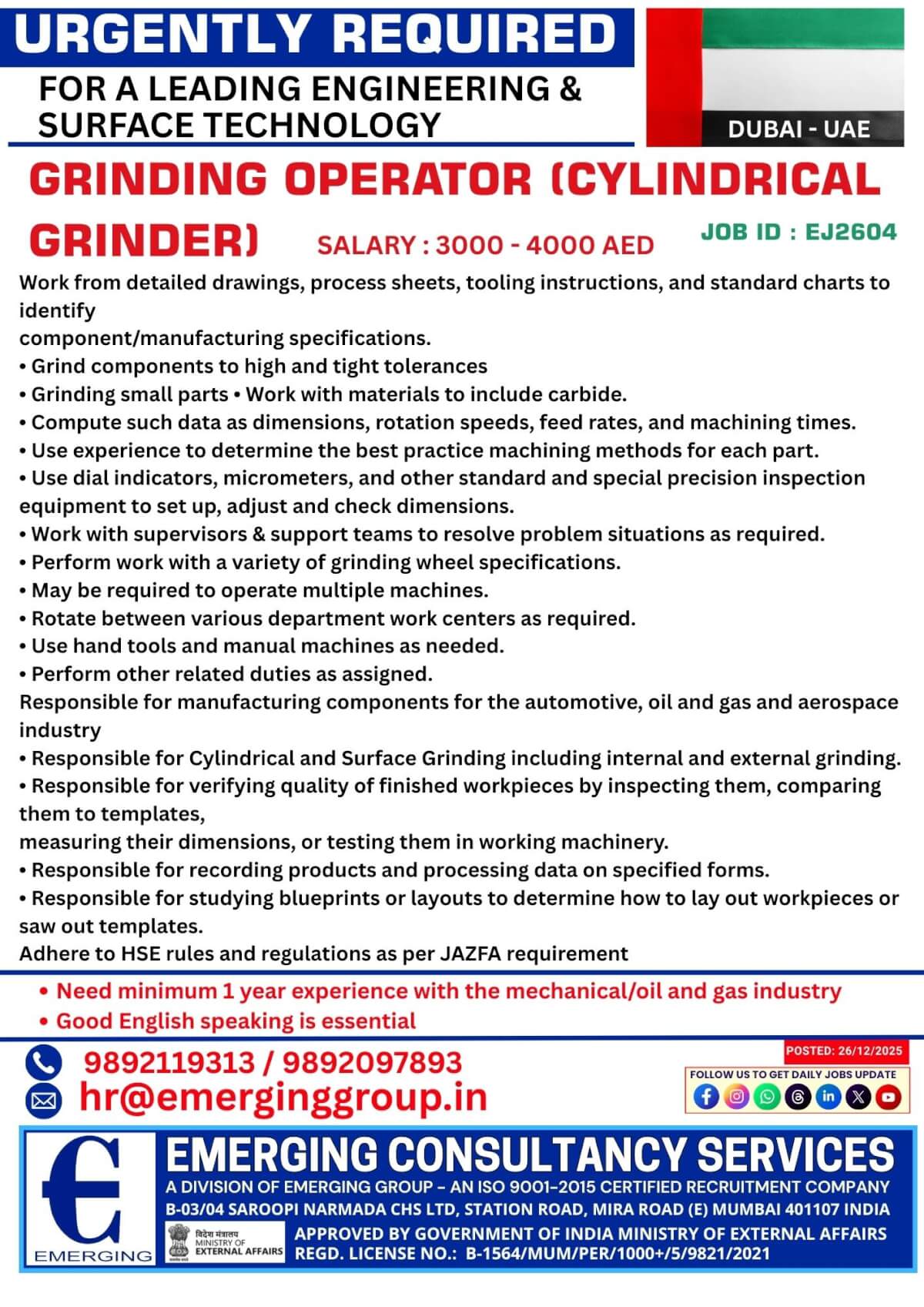 URGENTLY REQUIRED FOR A LEADING Engineering & Surface Technology