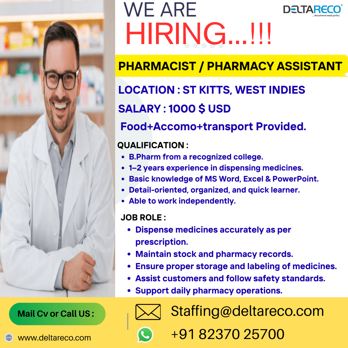 Hiring Pharmacist and Assistant Pharmacist for West indies