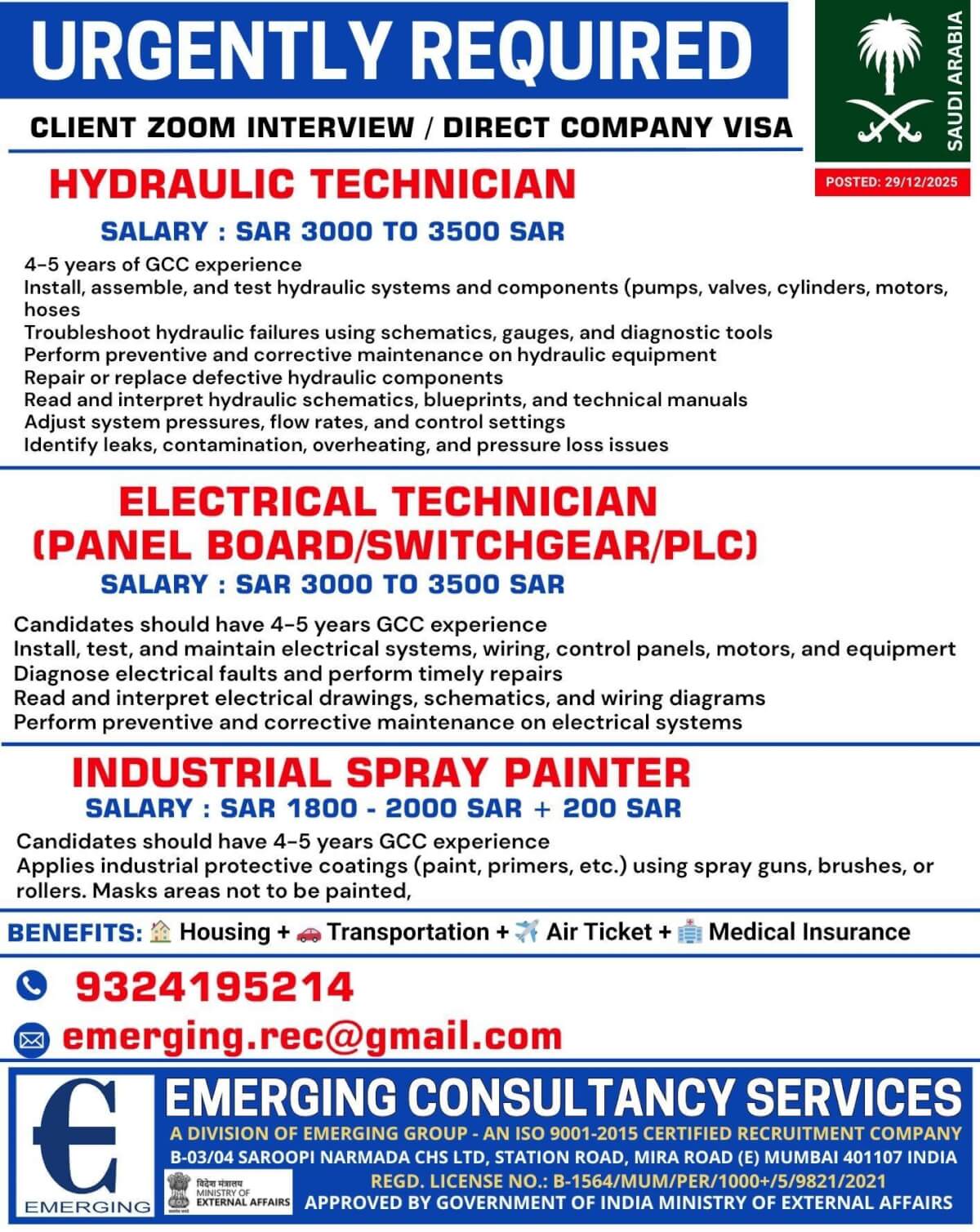 URGENTLY REQUIRED FOR SAUDI ARABIA