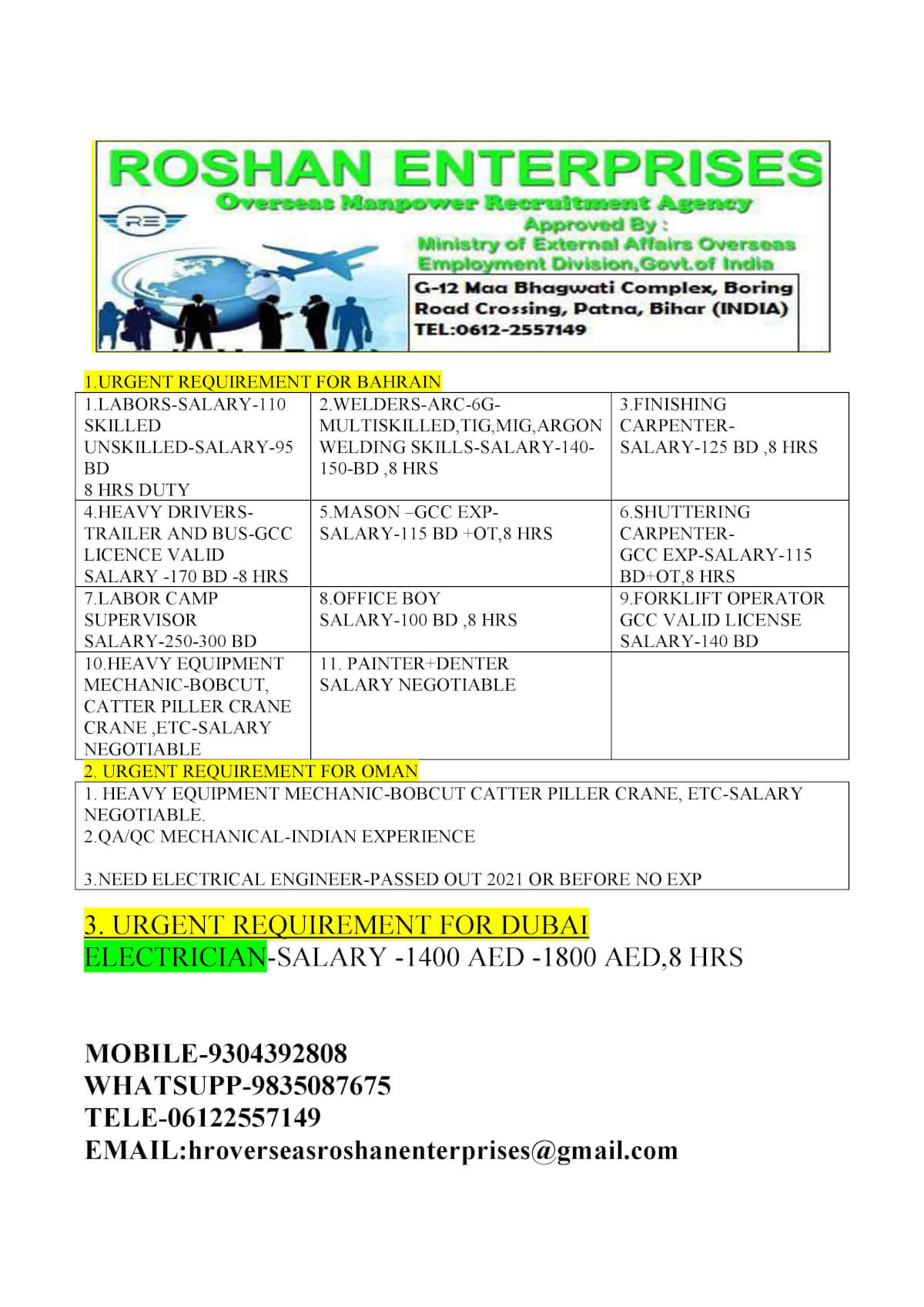 URGENT REQUIREMENT FOR GCC COUNTRY URGENT REQUIREMENT FOR GCC COUNTRY