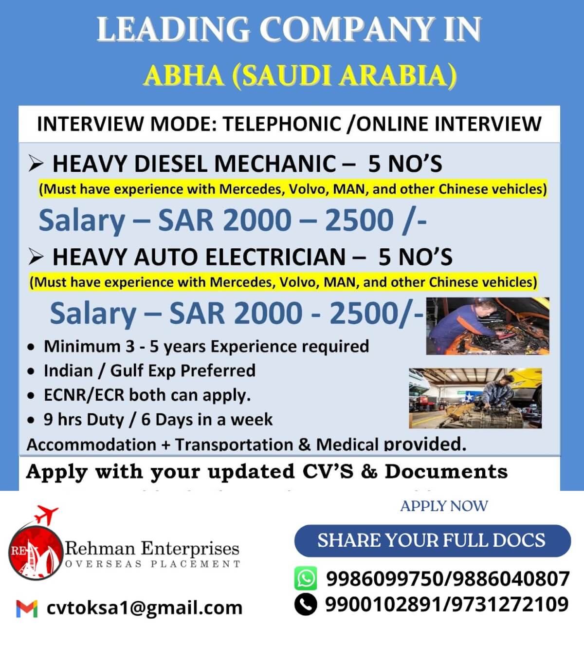 HIRING FOR LEADING COMPANY ABHA IN SAUDI ARABIA