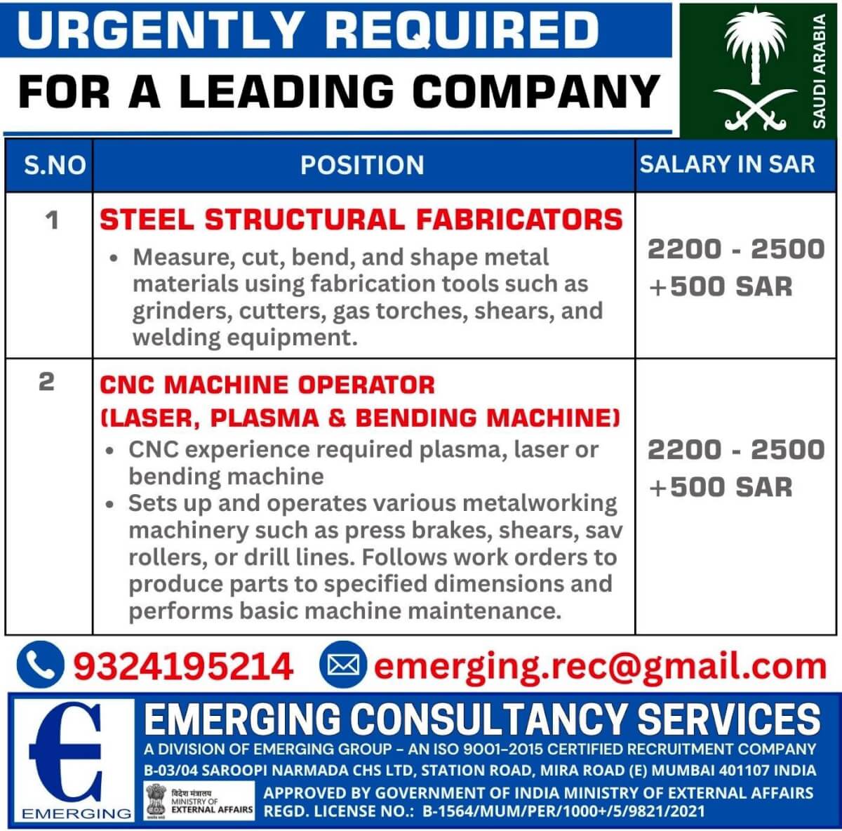 URGENTLY REQUIRED FOR SAUDI ARABIA