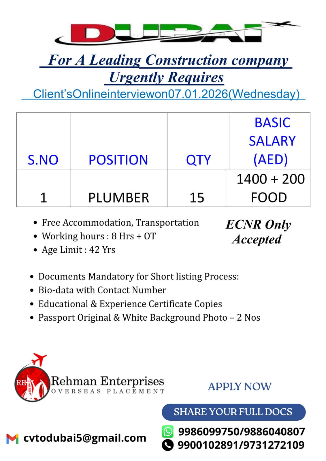 URGENT REQUIRES FOR A LEADING CONSTRUCTION COMPANY IN DUBAI