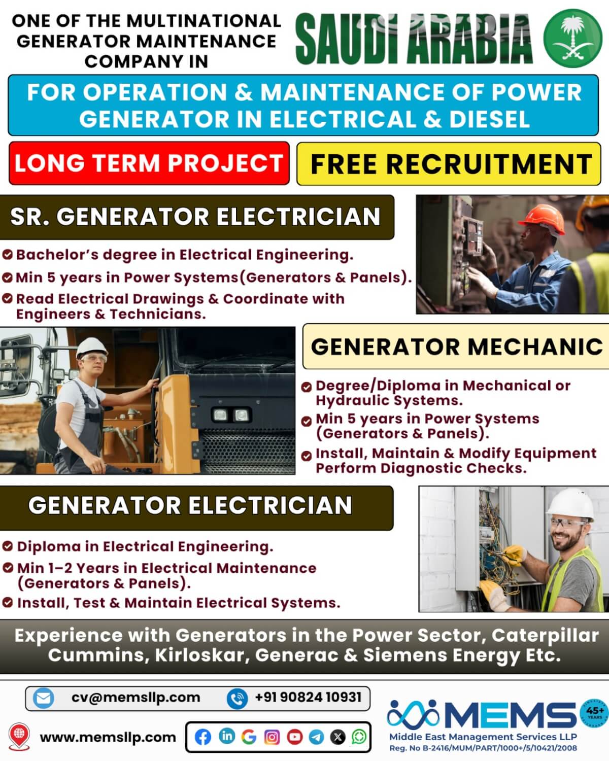 We are hiring for Operation & Maintenance of Power Generator in Electrical & Diesel in Saudi Arabia We are hiring for Operation & Maintenance of Power Generator in Electrical & Diesel in Saudi Arabia