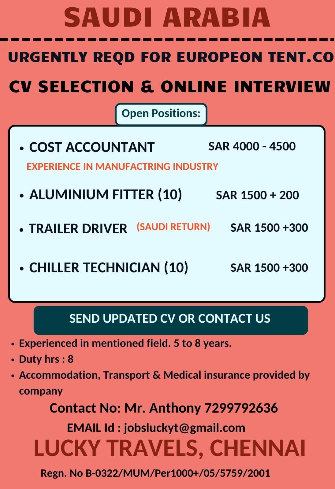 Urgently Hiring for Saudi European Tent Company / CV Selection & ONline Interview/ Contact on 7299792636