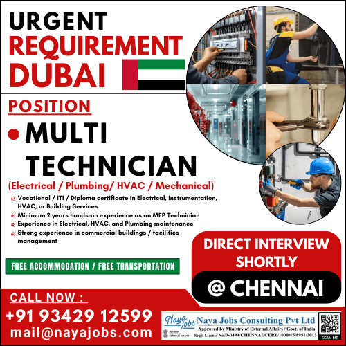 We are urgently hiring MEP Technicians for a reputed company in Dubai, UAE.