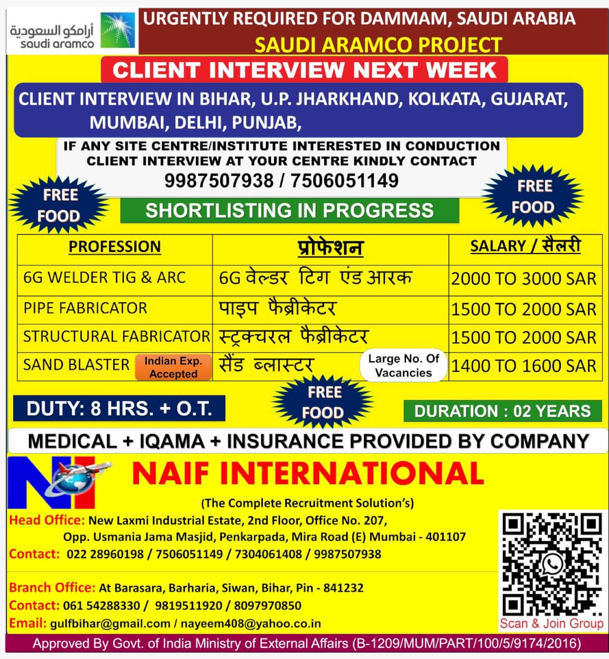 URGENTLY REQUIRED FOR DAMMAM, SAUDI ARABIA SAUDI ARAMCO PROJECT