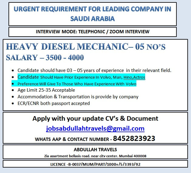 URGENT REQUIREMENT FOR LEADING COMPANY IN SAUDI ARABIA URGENT REQUIREMENT FOR LEADING COMPANY IN SAUDI ARABIA