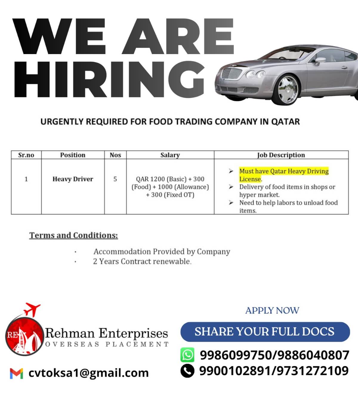 URGENT REQUIRED FOR FOOD TRADING COMPANY IN QATAR URGENT REQUIRED FOR FOOD TRADING COMPANY IN QATAR