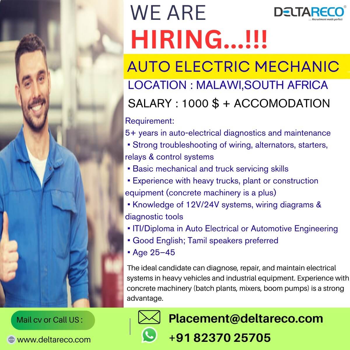 Hiring Auto Electrician or Car electrical mechanic for  South Africa