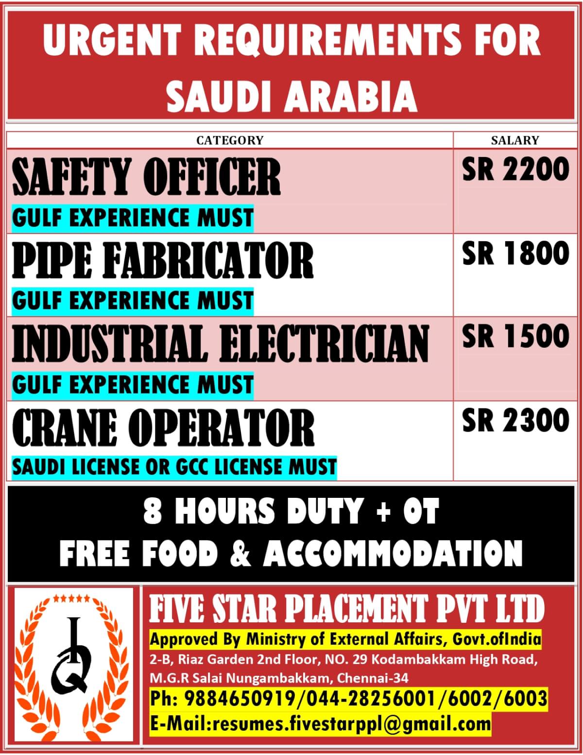URGENT REQUIREMENT FOR SAUDI ARABIA
