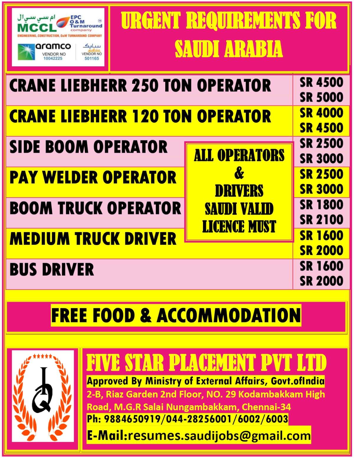 URGENT REQUIREMENT FOR SAUDI ARABIA