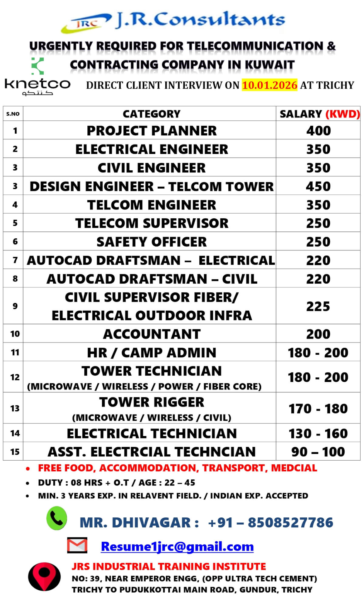 URGENTLY REQUIRED FOR TELECOMMUNICATION & CONTRACTING COMPANY IN KUWAIT