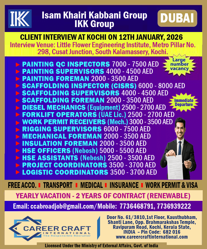 Client Interview at Kochi on 12th January, 2026 for Dubai -