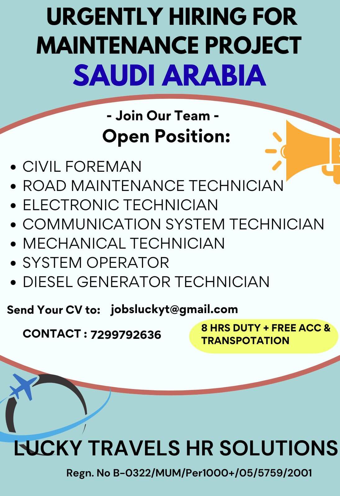 Urgently Required for Maintenance Project for Saudi Arabia / CV Selection & Online Interview / contact for further details on 7299792636