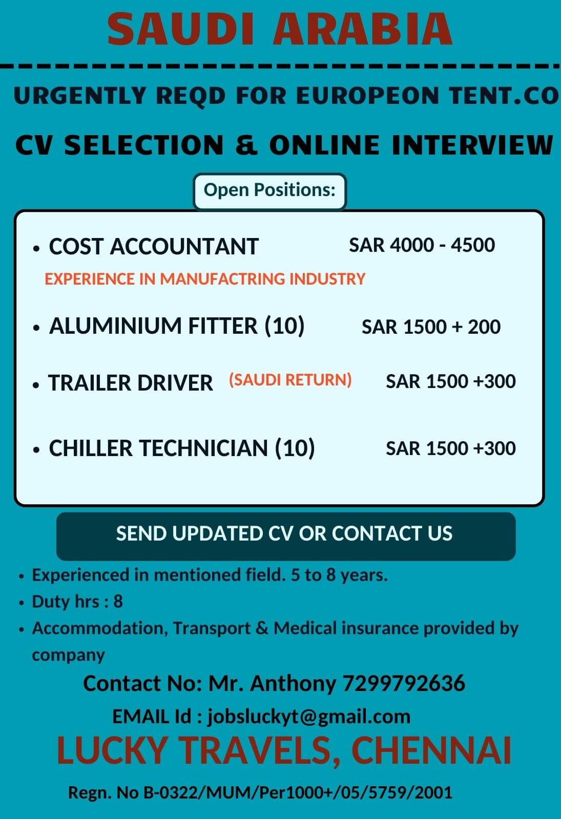 Urgently Hiring for Saudi European Tent Company / CV Selection & ONline Interview/ Contact on 7299792636