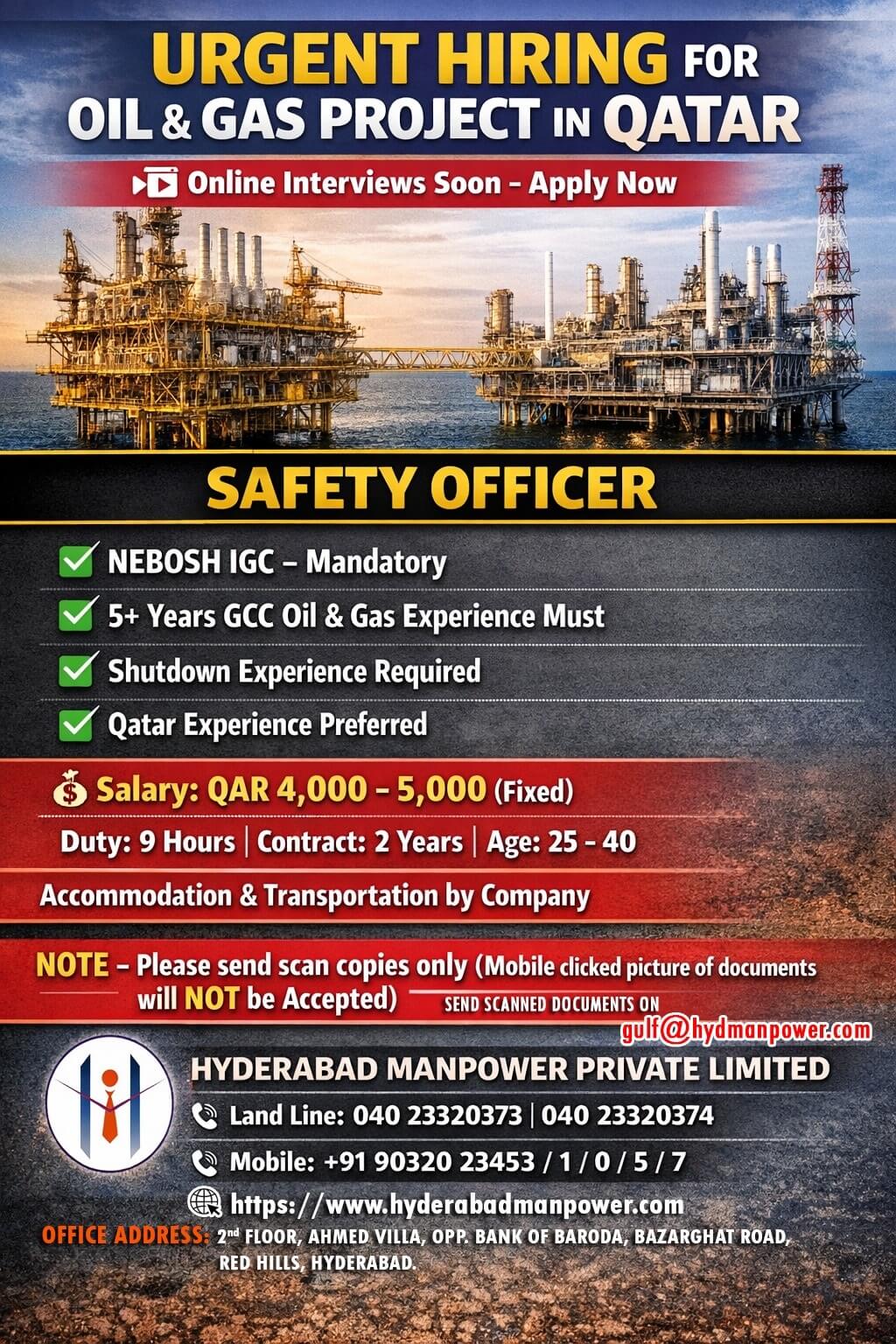 Urgent Hiring SAFETY OFFICER for Oil and Gas Project in Qatar Urgent Hiring SAFETY OFFICER for Oil and Gas Project in Qatar