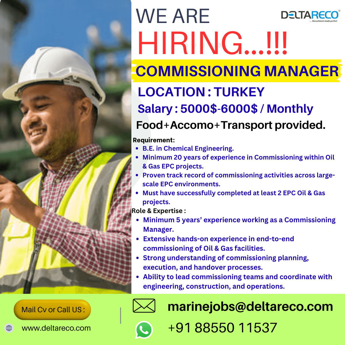 Hiring Commisioning Mangaer for Turkey Location