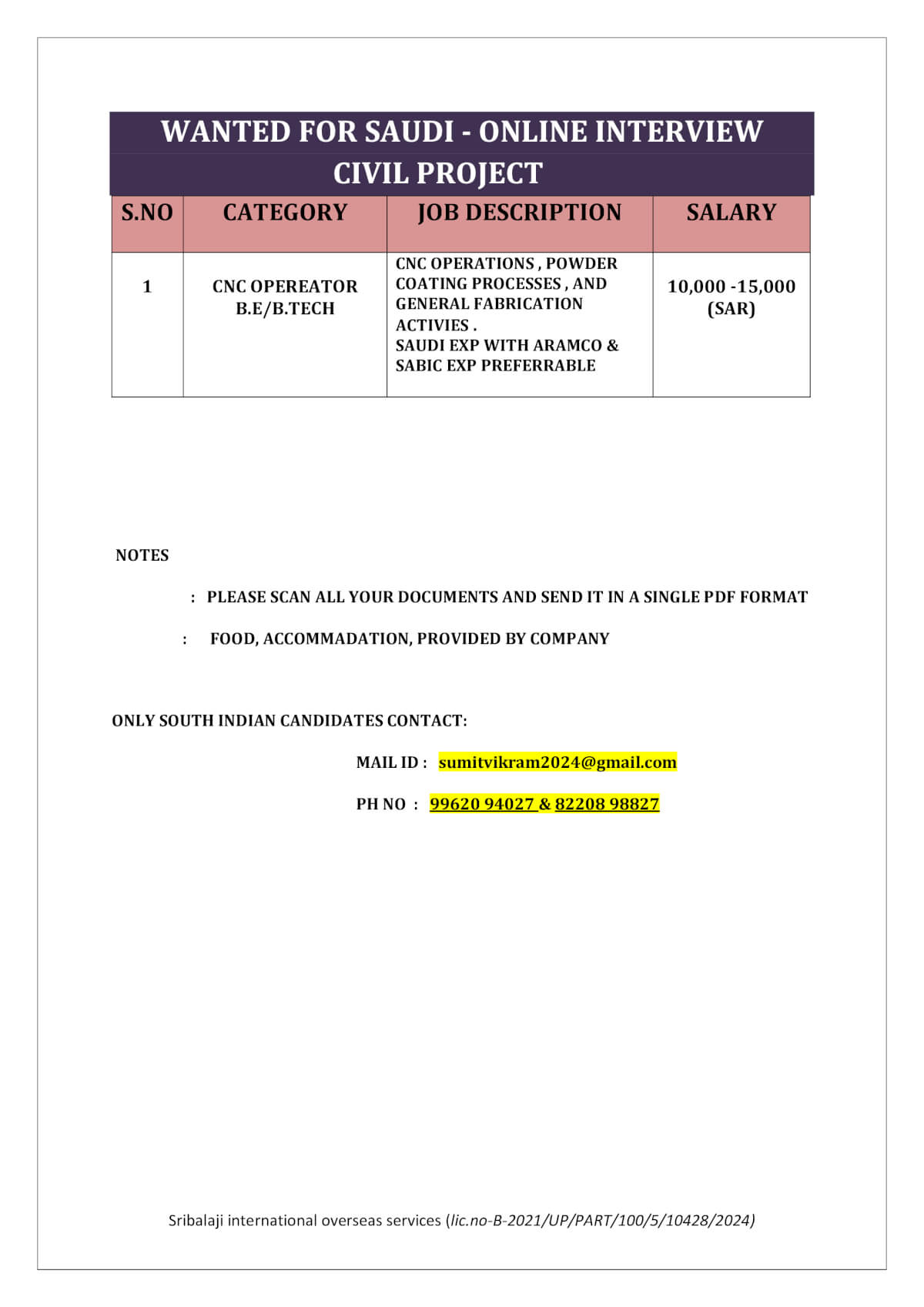 WANTED FOR SAUDI- ONLINE INTERVIEW (CIVIL INDUSTRY)