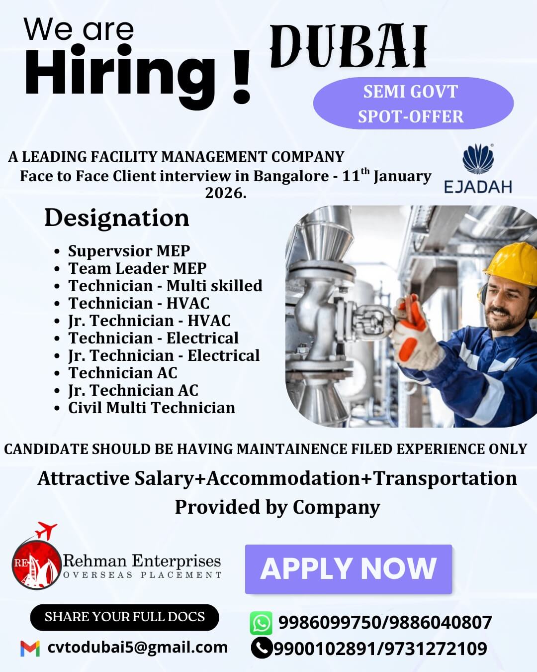 HIRING FOR A LEADING FACILITY MANAGEMENT COMPANY EJADAH(SEMI GOVE) IN DUBAI