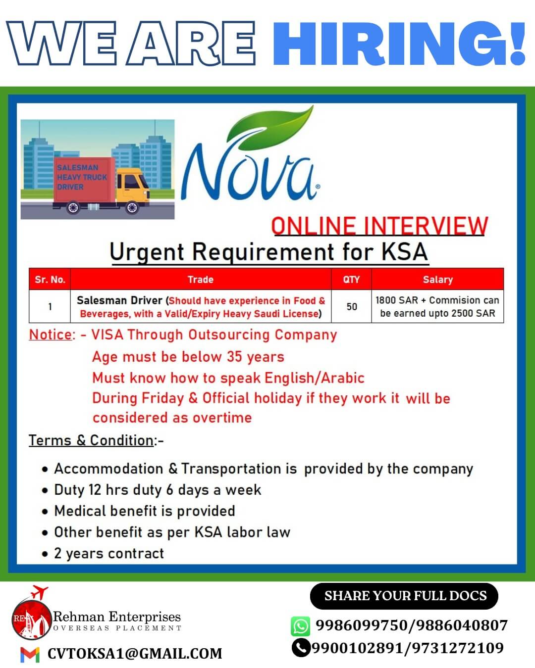 URGENT REQUIREMENT FOR NOVA COMPANY IN SAUDI ARABIA - ONLINE INTERVIEW URGENT REQUIREMENT FOR NOVA COMPANY IN SAUDI ARABIA - ONLINE INTERVIEW