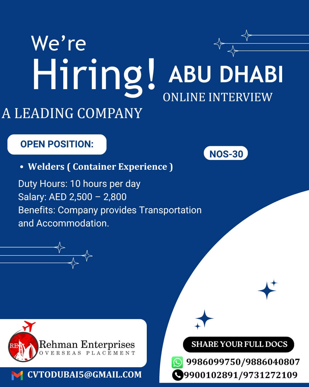 HIRING FOR A LEADING COMPANY IN ABU DHABI