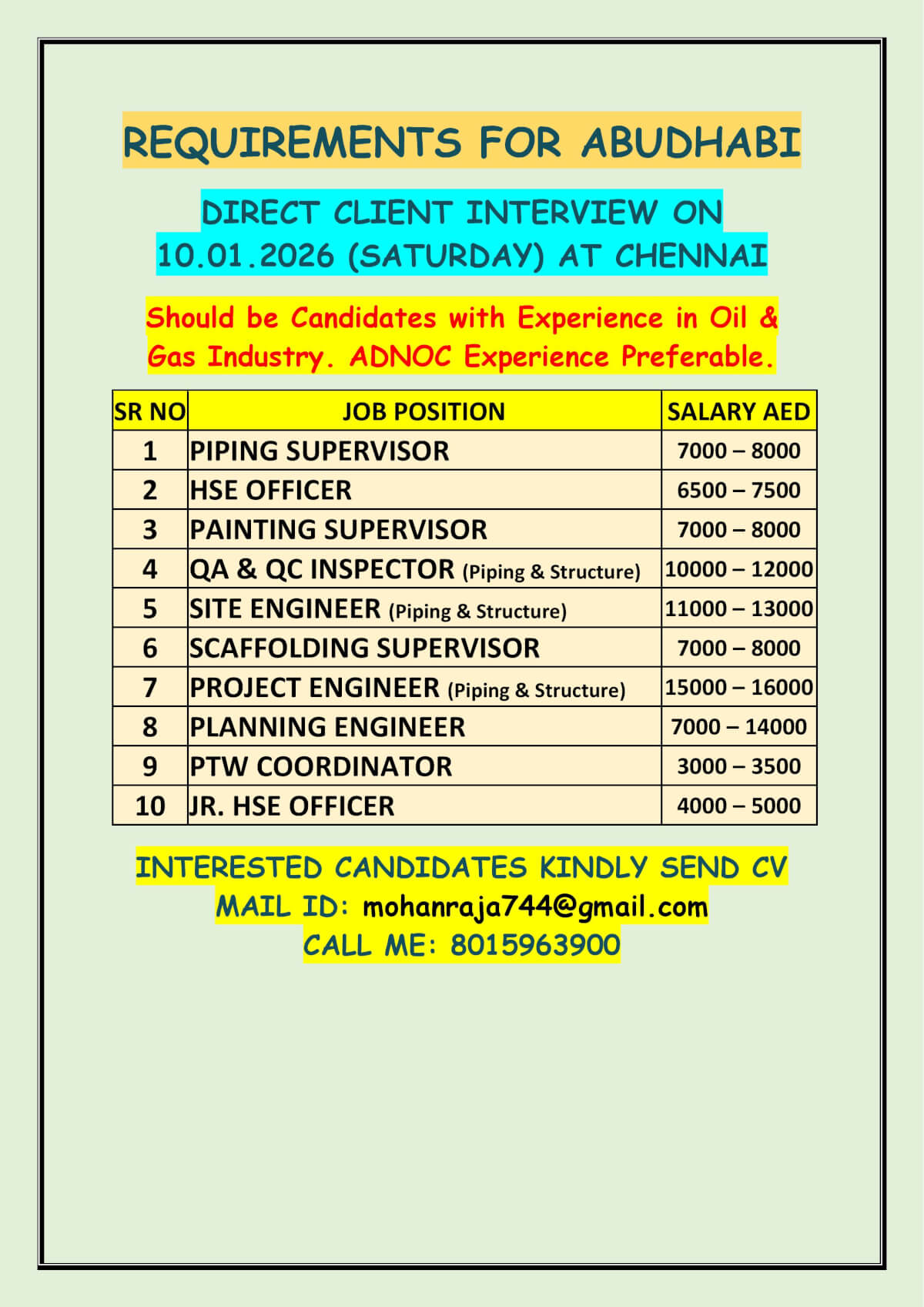 REQUIREMENTS FOR ABUDHABI - DIRECT CLIENT INTERVIEW ON 10.01.2026 (SATURDAY) AT CHENNAI