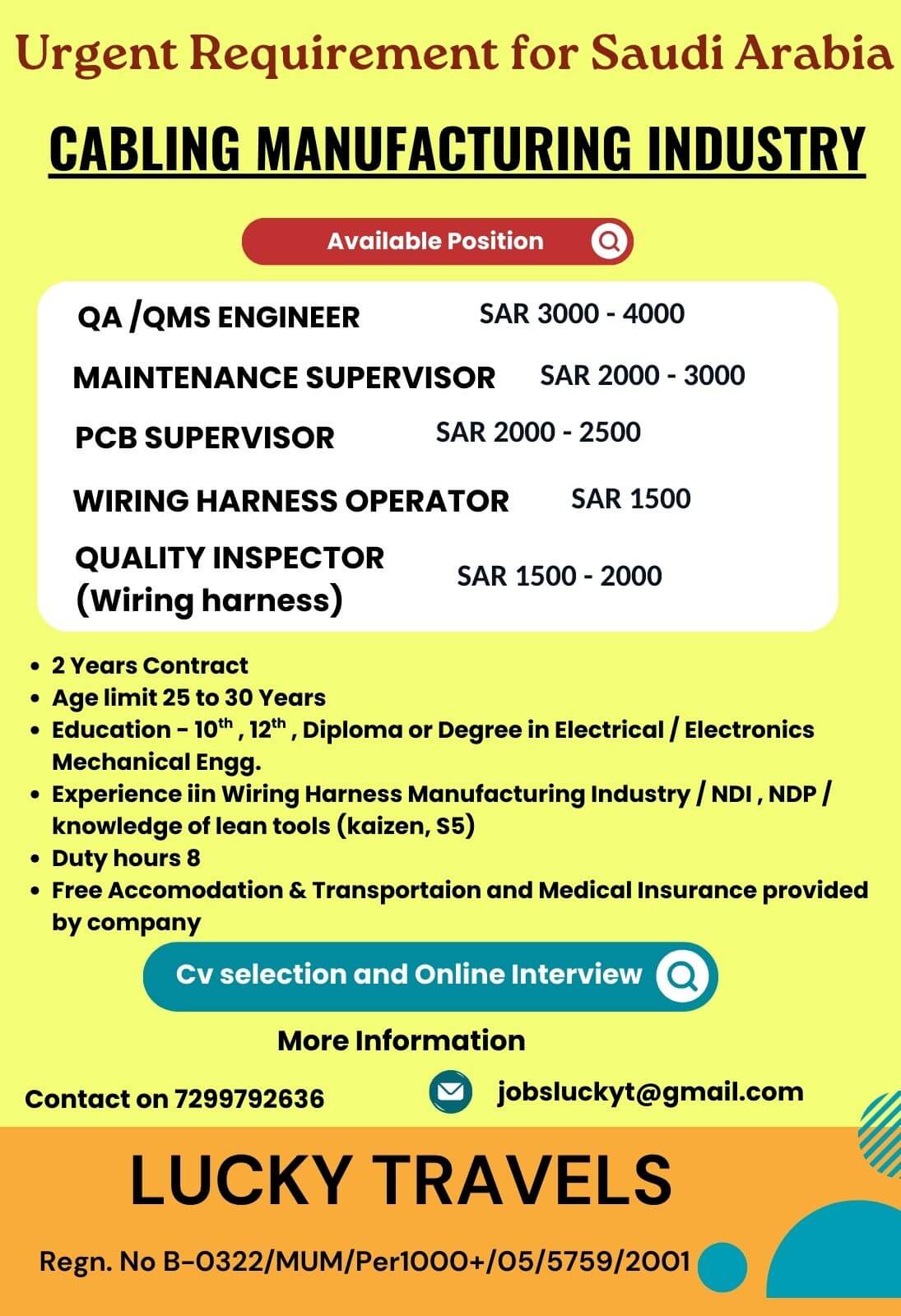 Urgently Required for Cabling Wiring Manufacturing Industry at Saudi Arabia / CV Selection & Online Interview / contact for further details on 7299792636