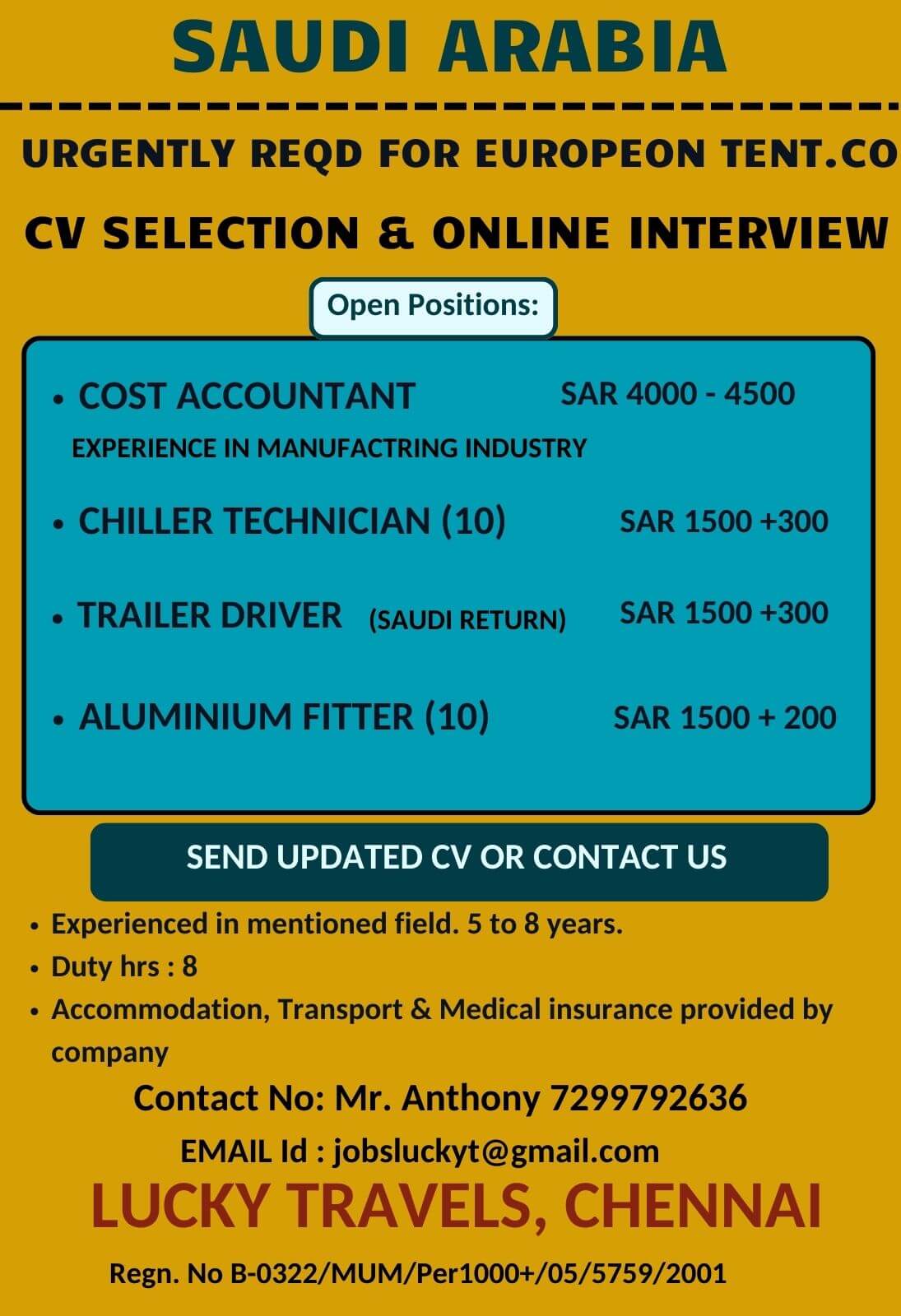 Urgently Hiring for Saudi European Tent Company / CV Selection & ONline Interview/ Contact on 7299792636 Urgently Hiring for Saudi European Tent Company / CV Selection & ONline Interview/ Contact on 7299792636