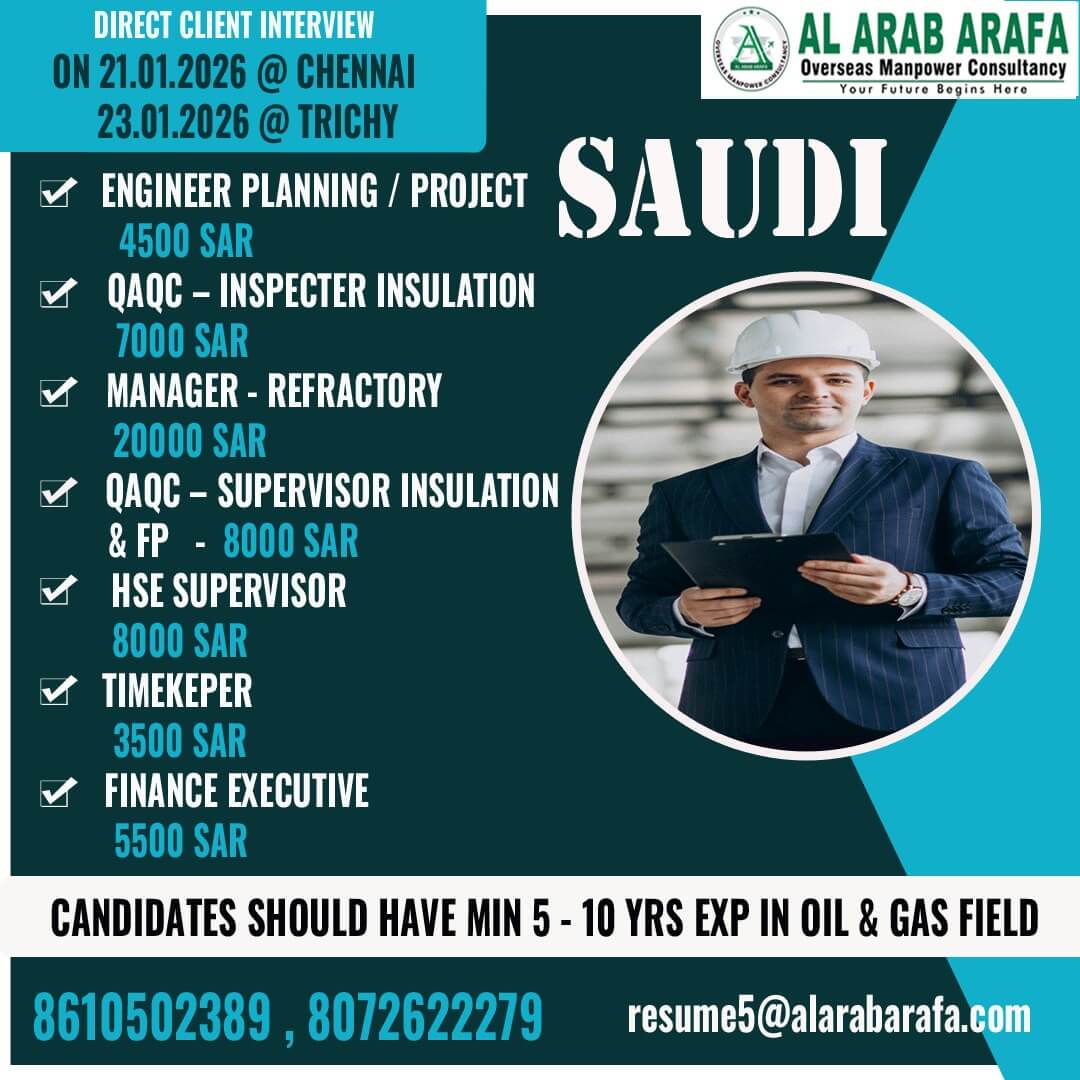 DIRECT CLIENT INTERVIEW ON 21.01.2026 @ CHENNAI & 23.01.2026 @ TRICHY