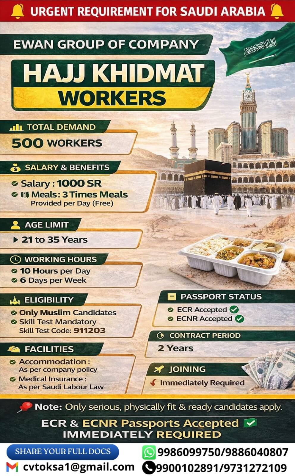 URGENT REQUIREMENT FOR SAUDI ARABIA - HASS KHIDMAT WORKERS
