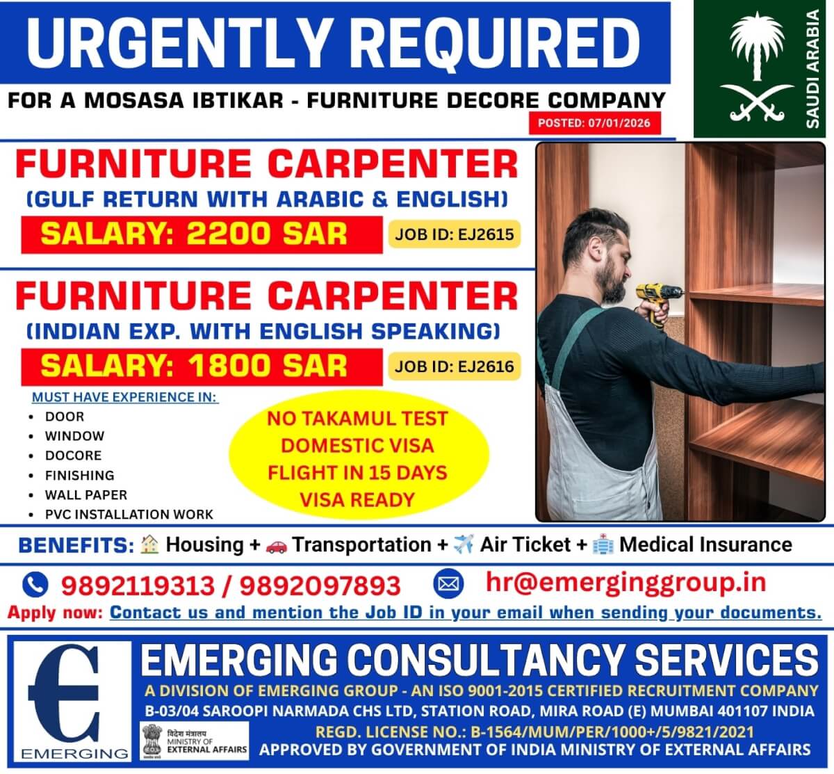 URGENTLY REQUIRED FOR LEADING FURNITURE DECORE COMPANY SAUDI ARABIA