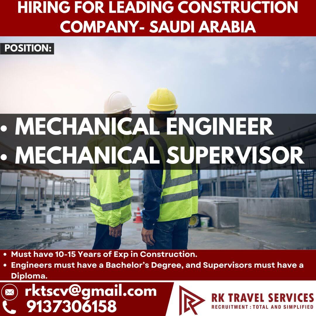 HIRING FOR LEADING CONSTRUCTION COMPANY- SAUDI ARABIA