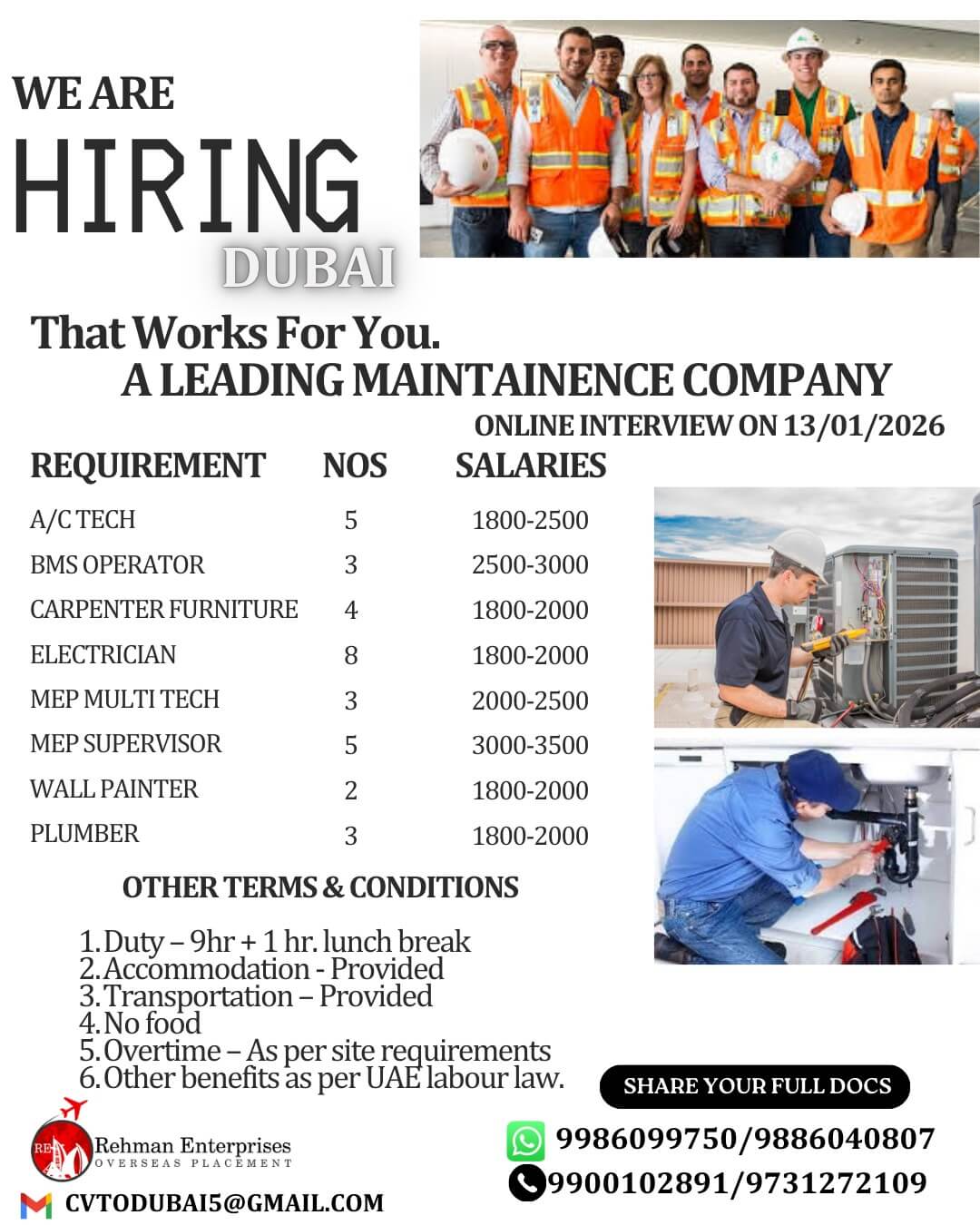 HIRING FOR LEADING MAINTENCE COMPANY IN DUBAI