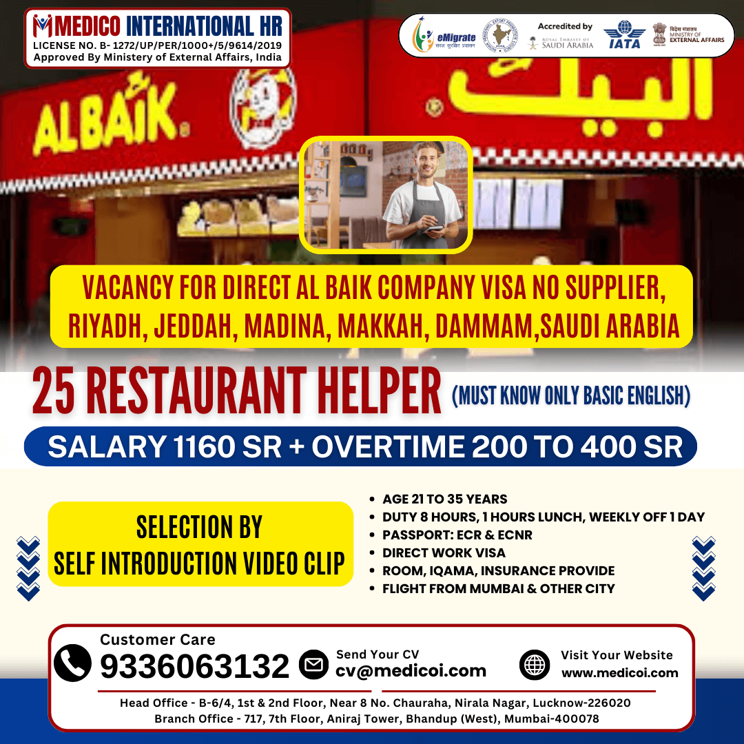 25 Restaurant Helper (Must know Only Basic English)