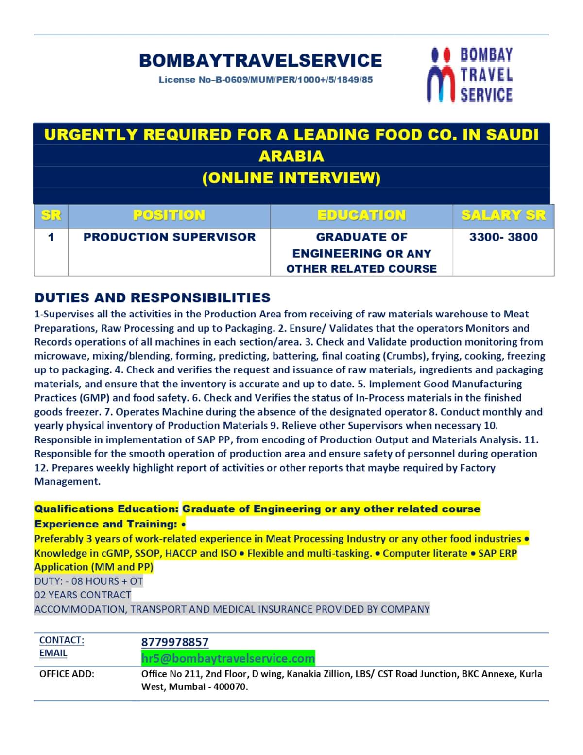 URGENTLY HIRING PRODUCTION SUPERIVOSR FOR SAUDI ARABIA