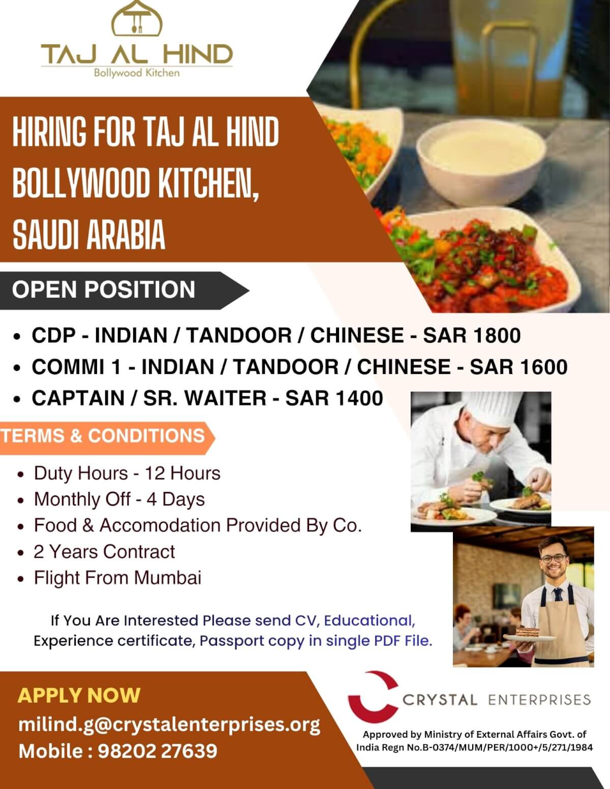 Hiring for Taj Al Hind Bollywood Kitchen, saudi arabia