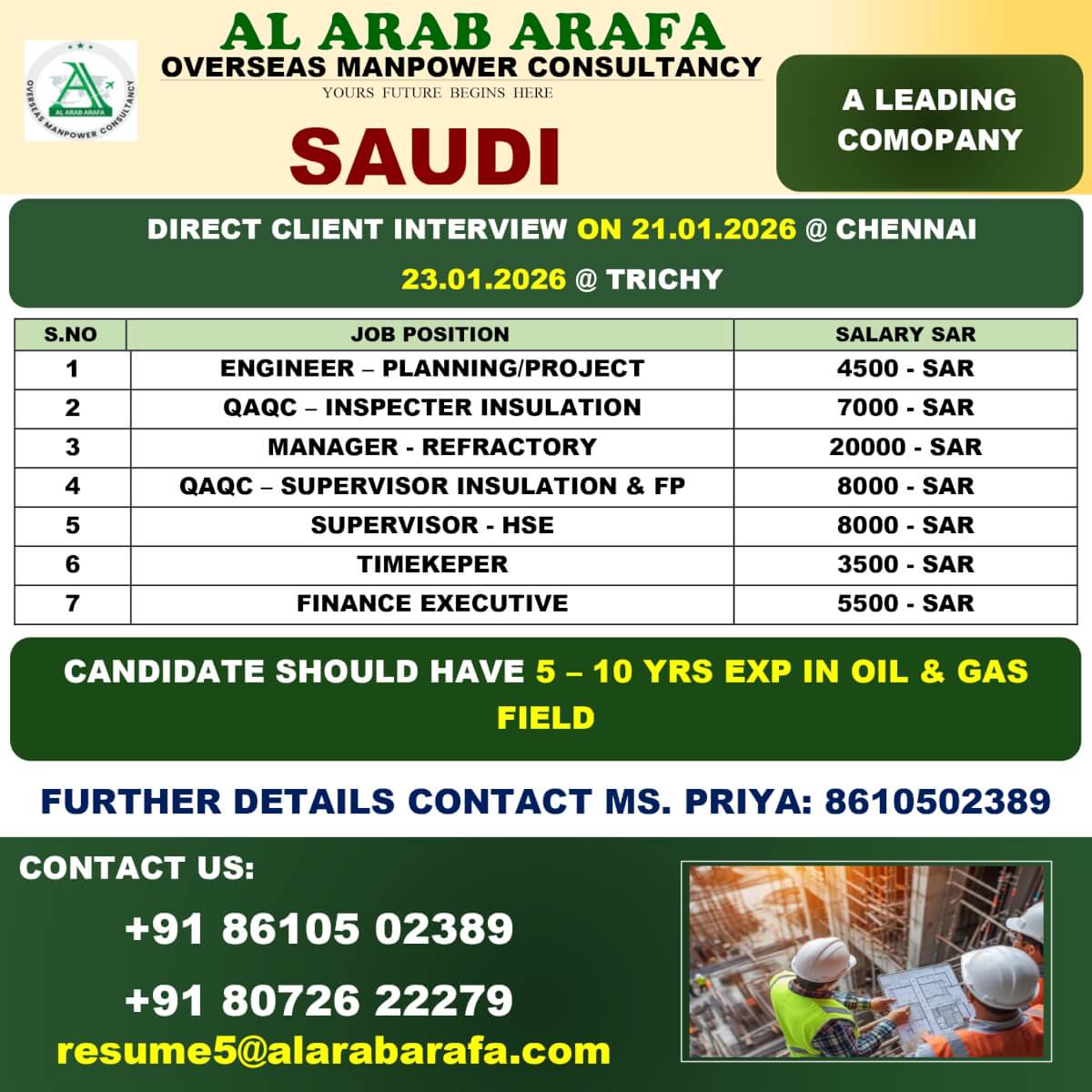 DIRECT CLIENT INTERVIEW ON 21.01.2026 @ CHENNAI & 23.01.2026 @ TRICHY
